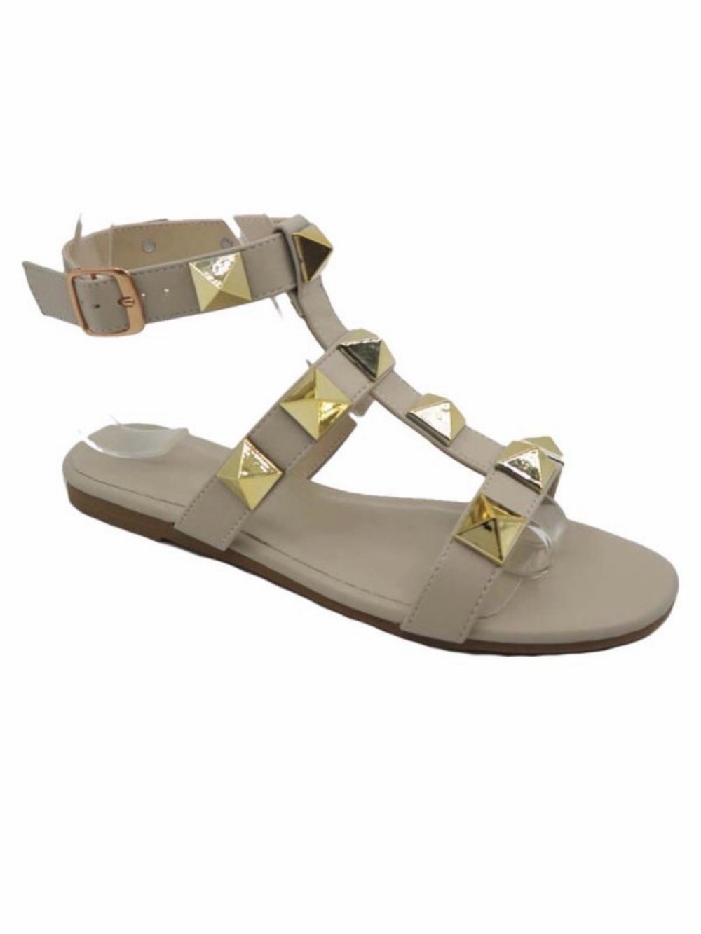BAMBOO Beige Gladiator Sandal with Gold Studs